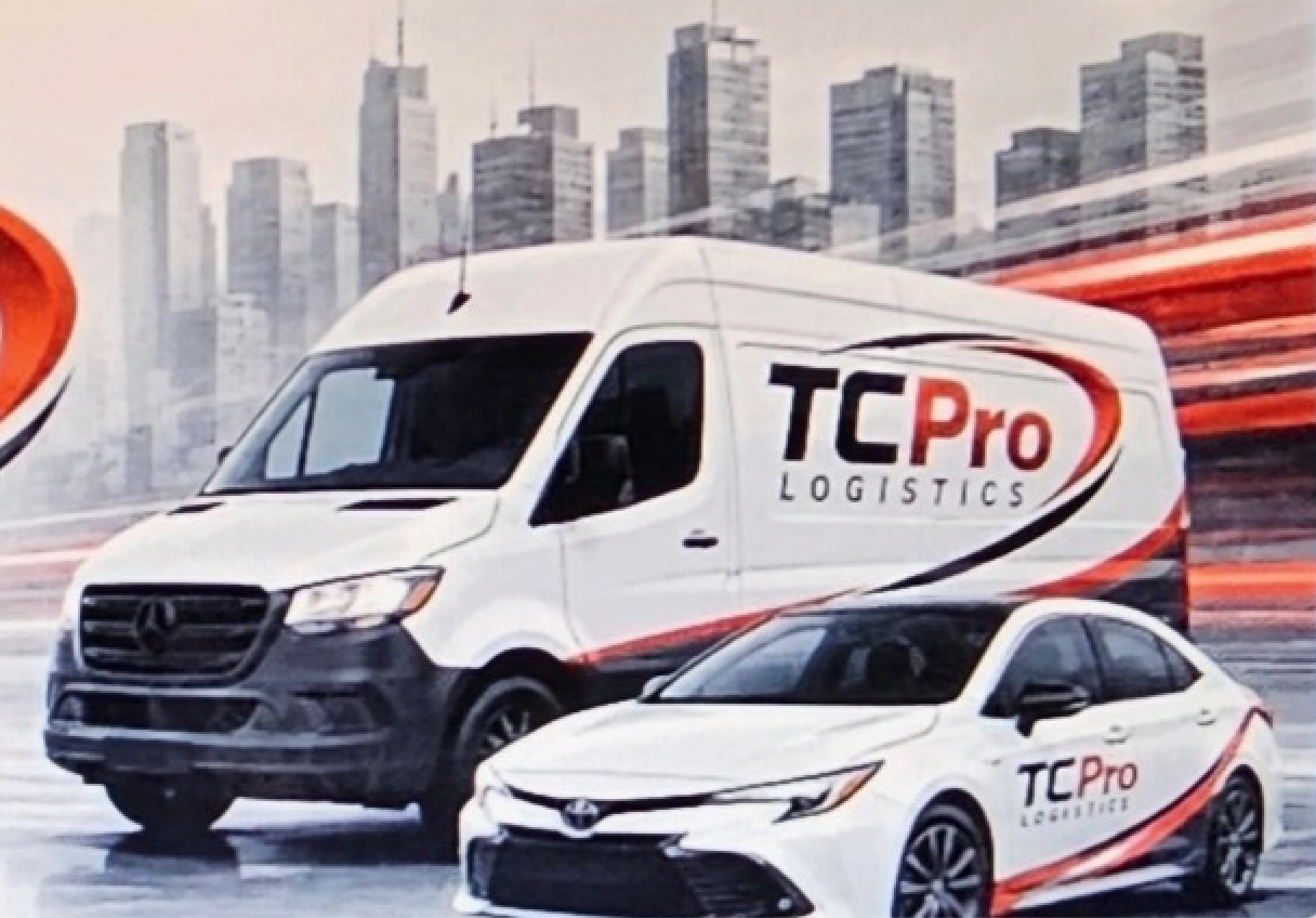 TC Pro Logistics delivery van and sedan with company branding