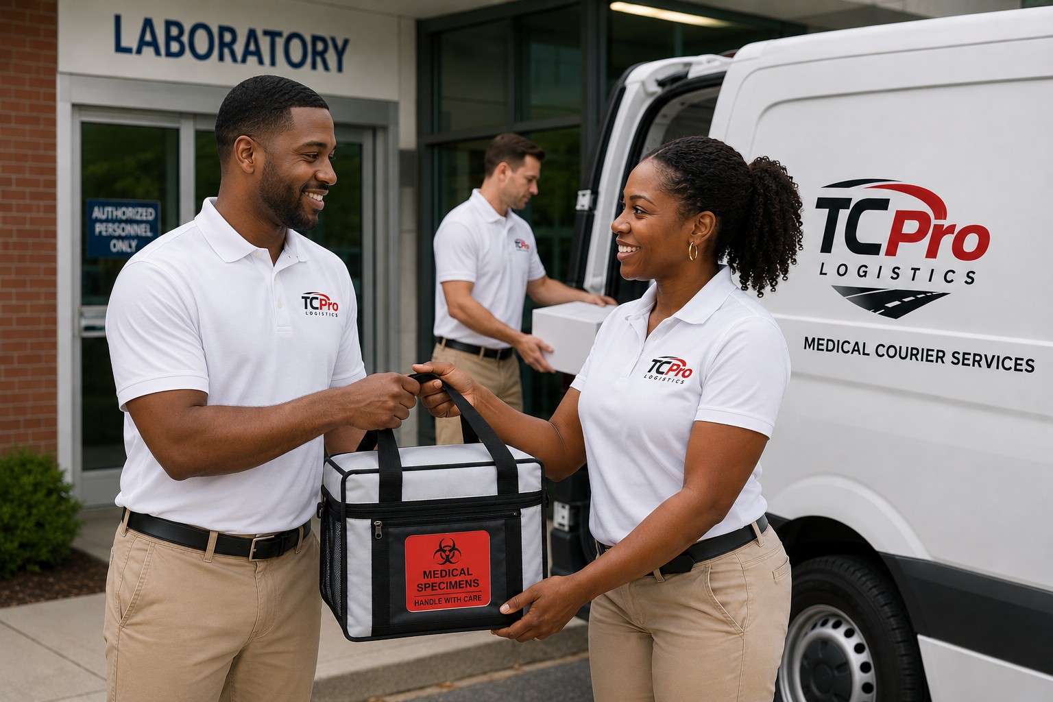 TC Pro Logistics couriers delivering medical specimens outside a laboratory