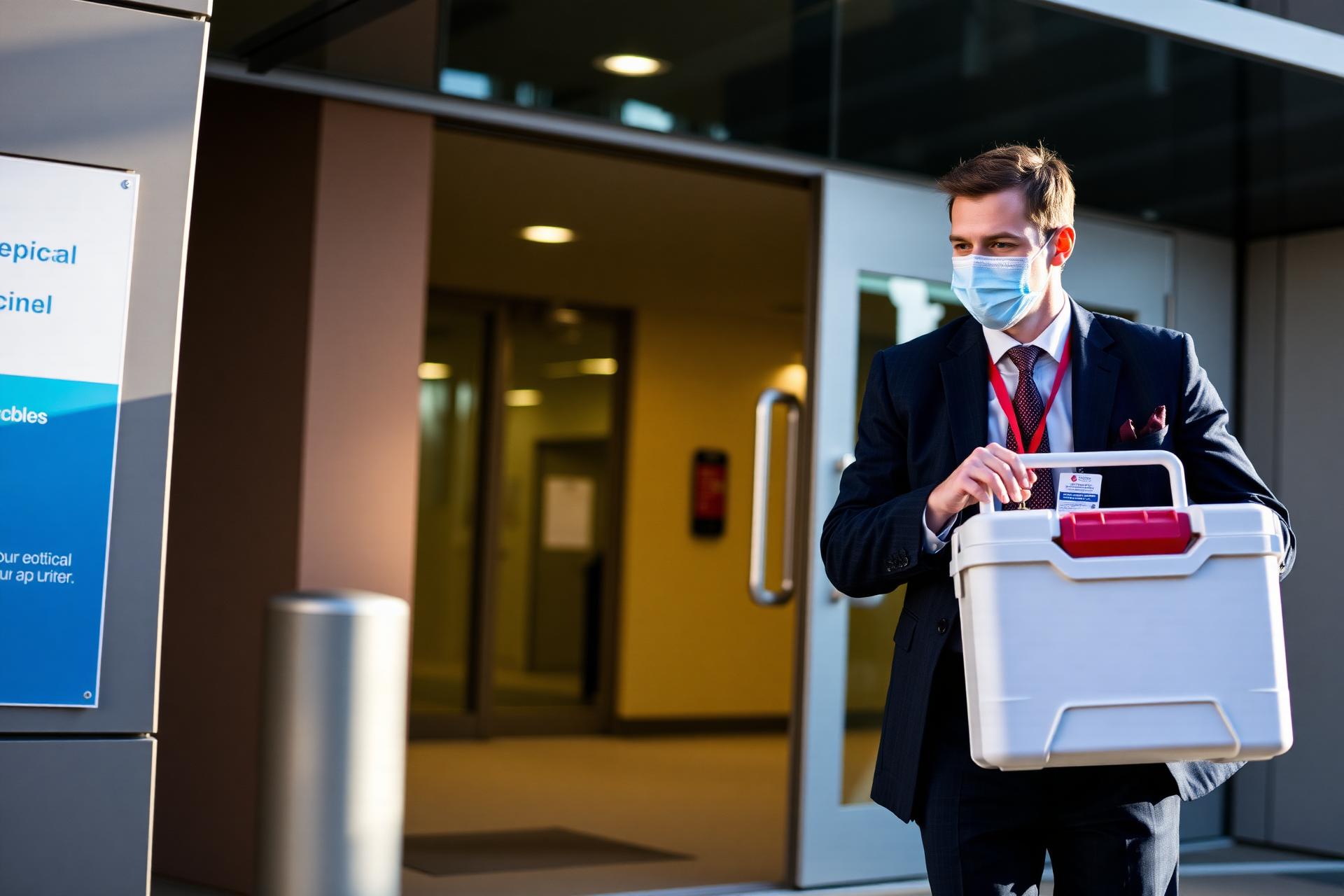 Professional medical courier delivering specimens to a hospital
